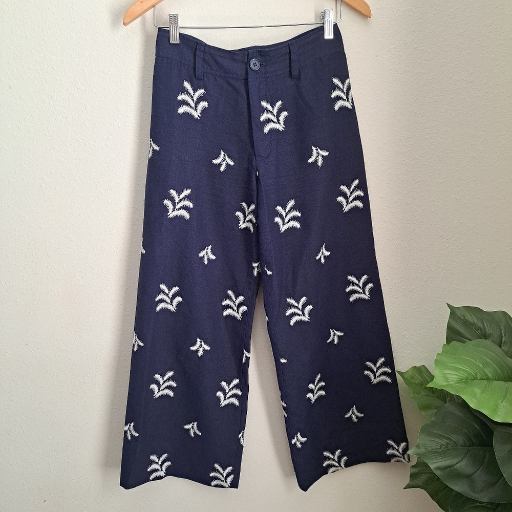 ELIE TAHARI Navy Blue Wide Leg Cropped Embroidered Pants Size 2~ EUC